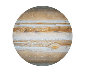 jupiter is the largest planet in the solar system. showing great red spot. white background isolated