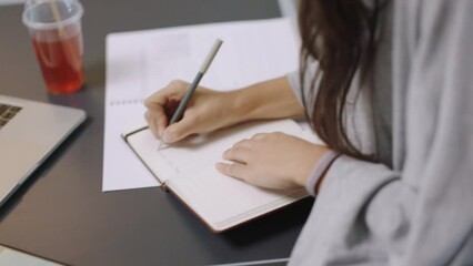 Aufkleber - Writing, notes or design woman drinking tea with planning, schedule or listening to music, podcast or radio. Business, research or creative girl with marketing, SEO or advertising strategy idea