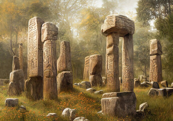 Megalithic stone structures in the forest. Stone pillars of an ancient civilization. Realistic digital illustration. Fantastic Background. Concept Art. CG Artwork.