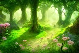 Fototapeta Desenie - The Enchanted Garden. Fantasy Nature Backdrop. Concept Art. Realistic Book Illustration. Video Game Background. Serious Digital Painting. Scenery CG Artwork.