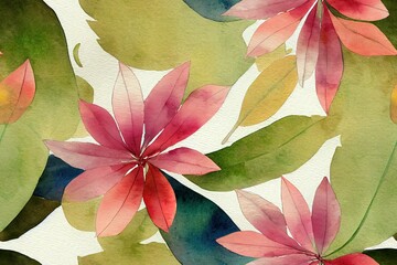 Poster - Watercolor art pattern, background with a floral pattern. Watercolor background, drawing with autumn with forest flowers, leaves, plants, berries branch. botanical illustration. Abstract splash