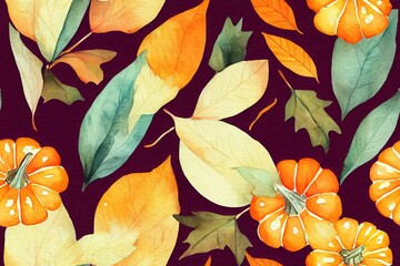 Canvas Print - Watercolor fall themed seamless pattern with hand painted white and orange pumpkin arrangement. Red, burgundy, yellow flowers, dry orange leaves, foliage. Autumn botanical print.