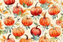 Watercolor Fall Hand Painted Seamless Pattern. Red Pumpkin Truck, Pumpkins Arrangement, Flowers, Apples, Leaves, Birds On White Background.