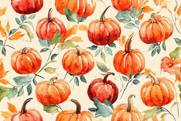 Sticker - Watercolor fall hand painted seamless pattern. Red pumpkin truck, pumpkins arrangement, flowers, apples, leaves, birds on white background.