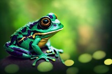 Frog And Vintage Key In Mystery Fairytale Forest, Abstract Dark Green Background. Beautiful Magic Fantasy Nature Image. Symbol Of Secret Garden. Enchanted, Dream, Mystique Concept. Summer Season