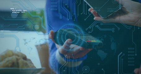 Poster - Image of data processing, scope scanning over woman paying with smartphone
