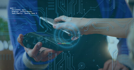 Poster - Image of data processing, scope scanning over woman paying with smartphone