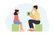 Cute little girl at speech therapist office.Speech disorders in children.Proper articulation therapy for girl. Vector illustration