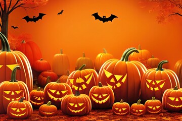 Canvas Print - 3d luxury layout Halloween scene with product podium on white background. Pumpkins stage with display podium. Autumn 3d design template for banner, advertisement mockup for Halloween or Thanksgiving.