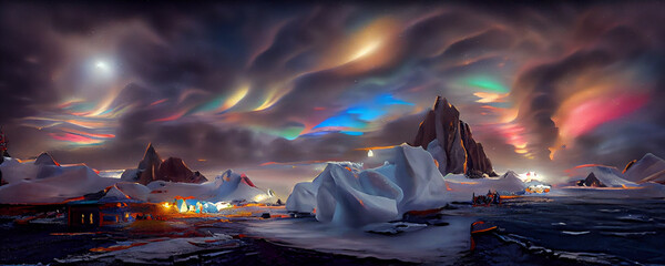 Wall Mural - Painting of panoramic northern light landscape