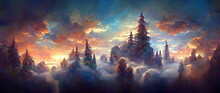 Picturesque Nature Painting Sunset In The Forest