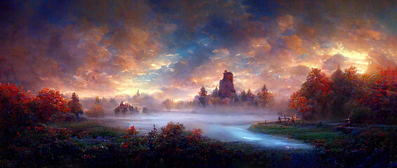 Wall Mural - Picturesque nature painting of ancient river