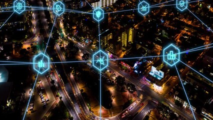 Poster - Aerial night traffic, networking and cloud computing, big data and telecom analytics. Technology abstract, digital grid and dark 5g futuristic smart cityscape, fast cars and global cyber security iot
