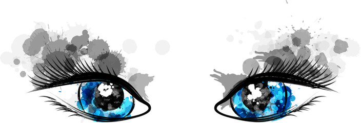 Canvas Print - Beautiful blue eyes with grey paint splash decorative elements. Conceptual vector illustration in artistic style.