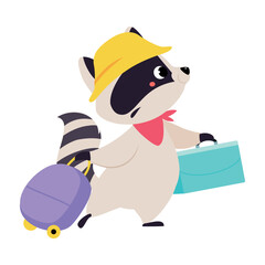 Wall Mural - Cute Raccoon Traveler in Hat with Trunk and Suitcase Having Journey on Vacation Vector Illustration