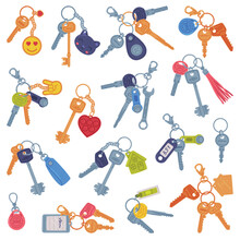 Trinket With Keys Hanging With Keychain Or Keyring Vector Set