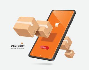 Wall Mural - Brown parcel boxes floated from orange smartphone screen after the customer clicks to order online,vector 3d isolated on white background for logistics,delivery and online shopping concept design