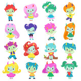Fototapeta Dinusie - Tiny Troll Characters with Different Hair Color and Little Horns Big Vector Set