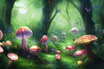 Canvas Print - Fantasy magical Mushrooms glade in enchanted fairy tale dreamy elf Forest, fairytale rose flower garden and butterflies on mysterious background, elven magic woods in night darkness with moon light