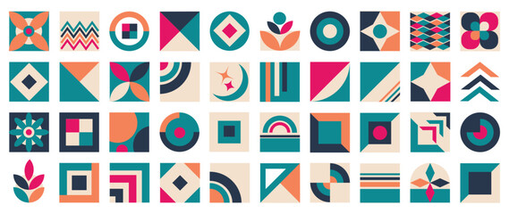 Collection of geometric shapes on white background. Abstract retro color icon element of different shapes, star, circles, flowers, square. Icon graphic design for decoration, logo, business, ads.
