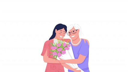 Poster - Animated girl with mom characters. Daughter giving bouquet to mother. Flat people HD video footage with alpha channel. Color cartoon style illustration for motion graphic design and animation