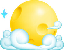 Full Moon And Clouds Icon. 3d Design Element Yellow Planet With Craters Isolated On White Background. Vector Cartoon Illustration