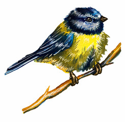 A small bright bird tit flies sits on a branch. Watercolor drawing on a white background. Animals.