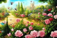 Beautiful Summer Landscape Of Wonderland.Fantastic Mystical Garden With Roses And Butterflies