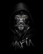 Lion wearing a hooded sweatshirt written Mafia ,Gangster style black and white isolated 