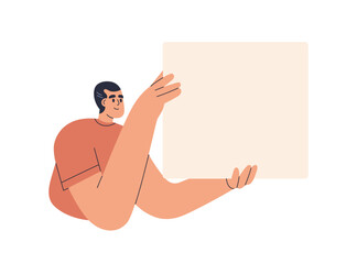 Aufkleber - Man holding blank sheet of paper. Young person presenting, advertising smth abstract on empty background, banner mock up. Happy guy showing board, card. Flat vector illustration isolated on white