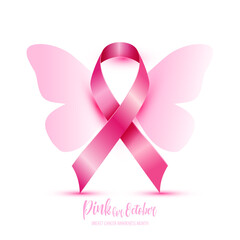 Canvas Print - Breast cancer awareness month with Butterfly sign and pink ribbons illustration design poster layout.