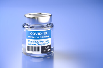 Wall Mural - Concept for availability of a booster vaccine against Covid-19 Omicron variant: Vial of vaccination. The word vaccination in English, Spanish, French and German on the label