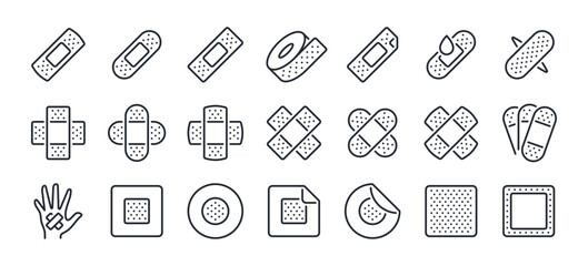 Medical patch and plaster editable stroke outline icons set isolated on white background flat vector illustration. Pixel perfect. 64 x 64.