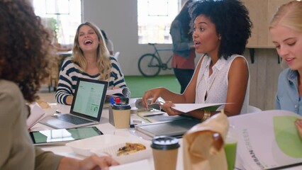 Poster - Planning meeting, team communication and women talking about marketing collaboration idea in office. African manager happy speaking to employees about advertising strategy with report at startup