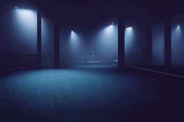 Poster - the dark stage shows dark blue background an empty, product podium