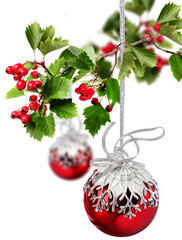 Wall Mural - red christmas balls with hawthorn berries branch, isolated