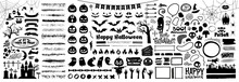 Big Set Of Halloween Silhouettes Black Icon And Character. Design Of Witch, Creepy And Spooky Elements For Halloween Decorations, Sketch, Icon, Sticker. Hand Drawn Vector Solated Background