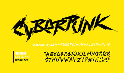 Poster - Retro futuristic Cyberpunk and Rock type font in 80s style with grunge brush alphabet set. Hand drawn grunge brush lettering  set. Vector vintage type font. Set for print tee and poster design