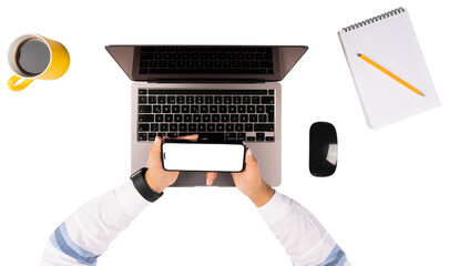 Horizontal smartphone mock up, top view of office worker holding horizontal smartphone mock up.  Workplace isolated on white background. Woman hands on laptop, Technology office concept idea photo.