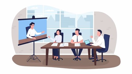 Aufkleber - Animated conference isolated scene. Virtual business team meeting. Teleconference. Looped flat 2D characters 4k video footage with alpha channel. Colorful illustration for mobile, website, animation