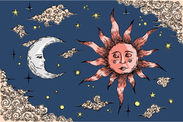 Tarot card back side moon and sun colorful