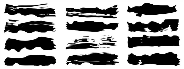 Wall Mural - Vector collection of artistic grungy black paint hand made creative brush stroke set isolated on banner background. A group of abstract grunge sketches for design education or graphic art decoration