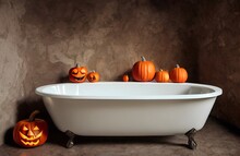 Concept Design Of Bathtube In French Style, Legs In The Shape Of A Cat's Paw Made Of Bronze. Interior Decorated With Jack O Lantern Pumpkins For Halloween Holidays, Spa And Relax. Illustration 3D