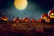 Night field with line of scary and horrible pumpkins, under a blood and orange moon, for design or background on Halloween, 3D  illustration