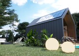 Fototapeta  - Panele solarne, fotowoltaiczne na dachu nowoczesnej stodoły