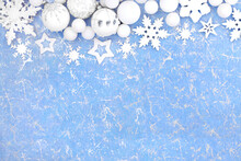 Fantasy Christmas Blue White Grunge Background With Snowflakes And Frosted Tree Bauble Decorations. Magical Winter Design For Xmas Eve And New Year Holiday Season.