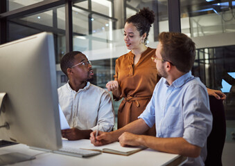 Poster - Team, office and computer planning for strategy, vision or goal in business while brainstorming in overtime. Collaboration, teamwork and meeting at desk for innovation, motivation or idea at work
