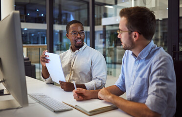 Aufkleber - Business men, computer or planning in night office with notebook, paper or documents for programming company. Teamwork, collaboration or talking software developers with innovation idea for tech code