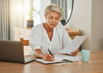 Poster - Senior woman with notebook writing budget plan for retirement and review finance documents. Elderly person with pen and paperwork planning financial bank payment, savings and doing home accounting