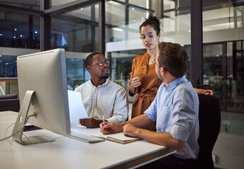 Poster - Marketing team in office, working at night on advertising and business strategy. Group meeting by desk, discuss collaboration and teamwork on company report. Teamwork, leadership and career success